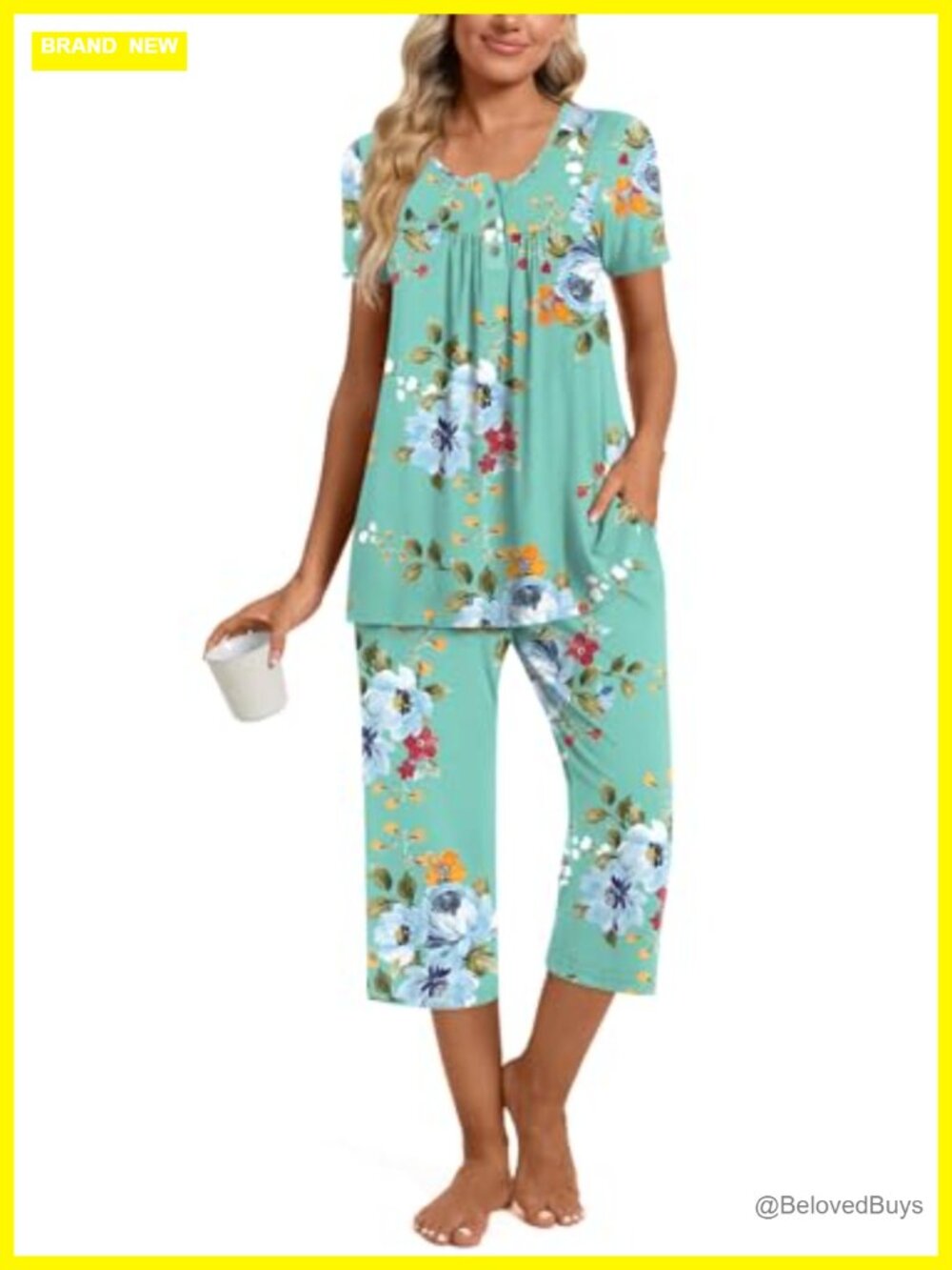 Women's 2 Piece Pajama Set Short Sleeve Top & Capri Pants Lounge PJs with